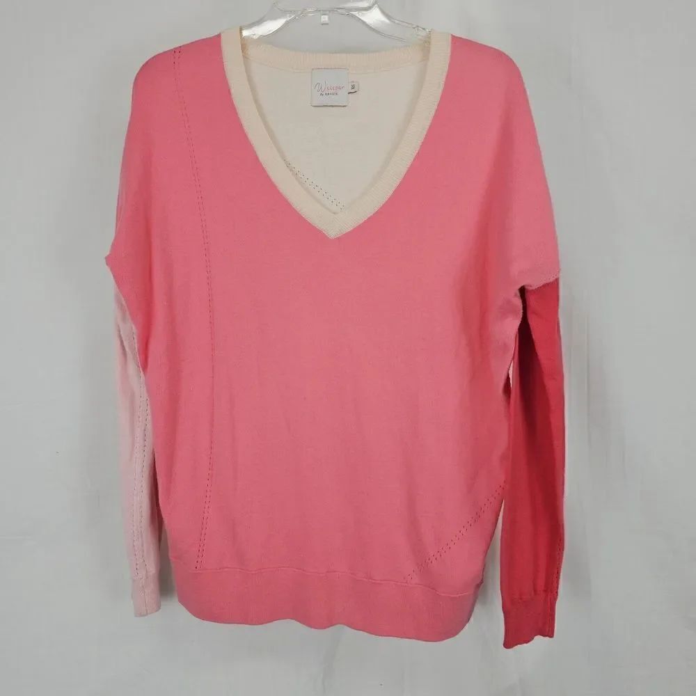 Whisper by Brodie Womens Sweater XS Silk Cotton Vneck Colorblock Quiet Luxury